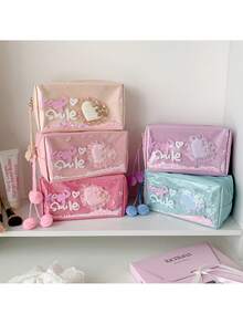 1个甜美少女闪亮粉色爱心化妆包 学生高级美妆文具笔袋 便携式洗手间收纳袋 - 彩色 - 查看 7