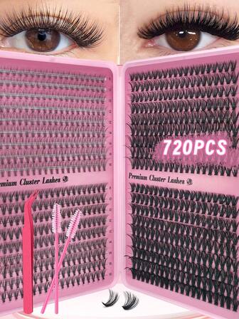 D型卷度自然妆感单根假睫毛 10D+20D+30D+40D 混合浓密款，适合新手，高容量睫毛册，眼妆假睫毛，日常佩戴、派对、婚礼、圣诞节等场合适用，睫毛簇，单根假睫毛，假睫毛