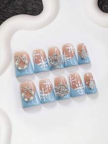 10pcs Christmas Nail Art Set, Including Blue French Manicure Stickers, Hand-Painted Snowflake Nails, 3D Christmas Wreath & Tree Nail Decorations, Diamond Snowflake False Nails, Blue Nail Polish, Suitable For Christmas, Parties, Weddings, Daily Wear, Comes With Tool Kit, Great Gift For Women & Girls, Long-Lasting - 彩色 - 查看 12