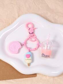 Sweet Pink Ice Cream & Bubble Tea Keychain Set - Cute Biscuit Keyrings For Girls Girl Handbag Purse Jewelry Friendship Gift - White - View 13
