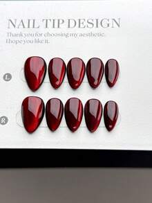 10片手工制作可佩戴美甲贴片，短款杏仁形按压式假指甲，轻奢简约风格，深红色玻璃珠偏光猫眼短指甲，优雅高端的美甲贴片，适合女士和女孩日常佩戴，含美甲套装 - 彩色 - 查看 3
