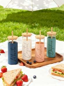 1pc Customized Glass Straw Cup, Personalized Bridesmaid Water Bottle, Customized Glass & Silicone Cup, Bachelorette Party Gift, Bridesmaid Invitation - Multicolor - View 5