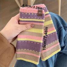 1 Pair Of Women's Half-Finger Gloves - Colorful Striped Design, Elastic And Warm Winter Gloves, Suitable Outdoor Activities, Finger Visible, Fashionable Cold Weather Accessories, Soft Texture - Màu xanh lam - Xem 2