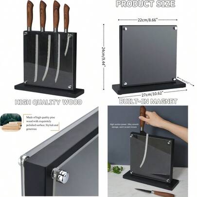 Magnetic Knife Block With Acrylic Shield 26*24 Cm Double Side Kitchen Knife Holder Without Knives Acacia Wood Universal Knife Storage Organizer With Powerful Magnet For Kitchen Counter Black