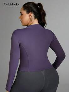 Plus Size Women Slim Fit Lightweight Sports Jacket, With Thumb Hole, Purple, Funnel Neck, Suitable For Yoga, Gym, Running, Cycling, Daily Wear Spring - Elderberry - Xem 7