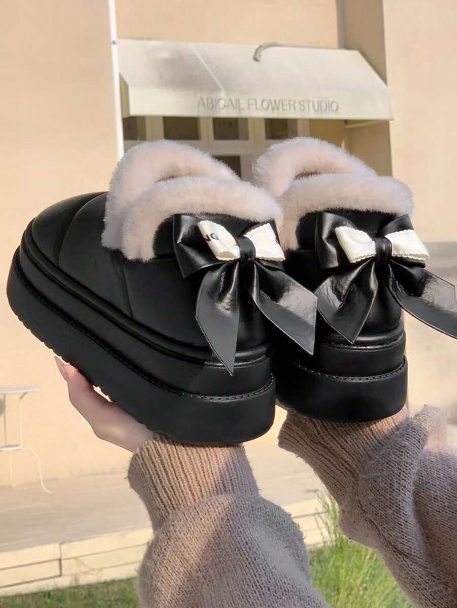 1 Pair Teenage EVA Thermal-Lined Bow Design Anti-Slip Thick Sole Casual Snow Boots, Suitable For Autumn/Winter - Black - View 1