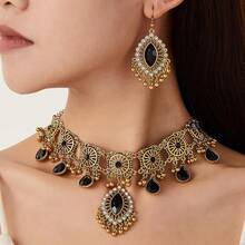 Retro Hollow Out Jewellery Set Traditional Bridal Choker Necklace Earring Women Bollywood Statement Boho Exaggerated Antique Oxidized Beads Tassel Classic Wedding Party - 黑色 - 查看 5