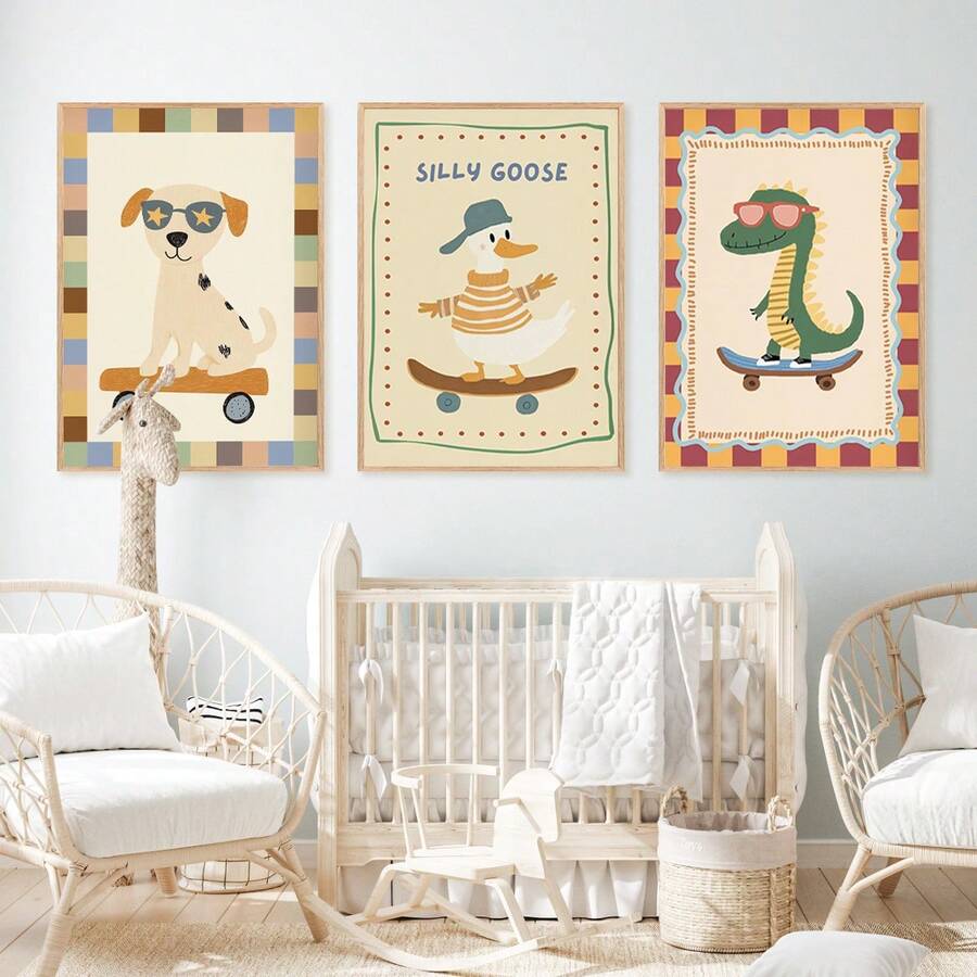 1pc, Canvas Wall Art, Framed Nursery Wall Art Charming Illustrations, Whimsical Children's Wall Decor Featuring Ducks, Dinosaurs And Puppies Adorable Animal Wall Art, Dreamy Nursery Decor Ideal For Children's Rooms, Nurseries, Playrooms, Kindergartens, Boys' Rooms, Girls' Rooms And Play Areas Waterproof. Perfect Party Gift - Multicolor - View 1