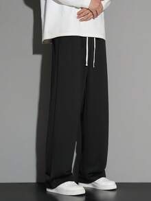 1 件男士抽绳腰宽松阔腿休闲运动裤，秋冬 - 黑色 - 查看 3