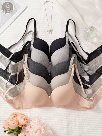 5件装女士舒适睡眠多色钢圈软杯纯棉文胸内衣
