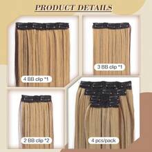 4pcs Invisible Clip-In Hair Extensions, Thickening Highlight Hair Pieces, 14 Inch Straight Short Synthetic Hair Wefts, Women Hair Clips, Hair Accessories - Multicolor - View 4