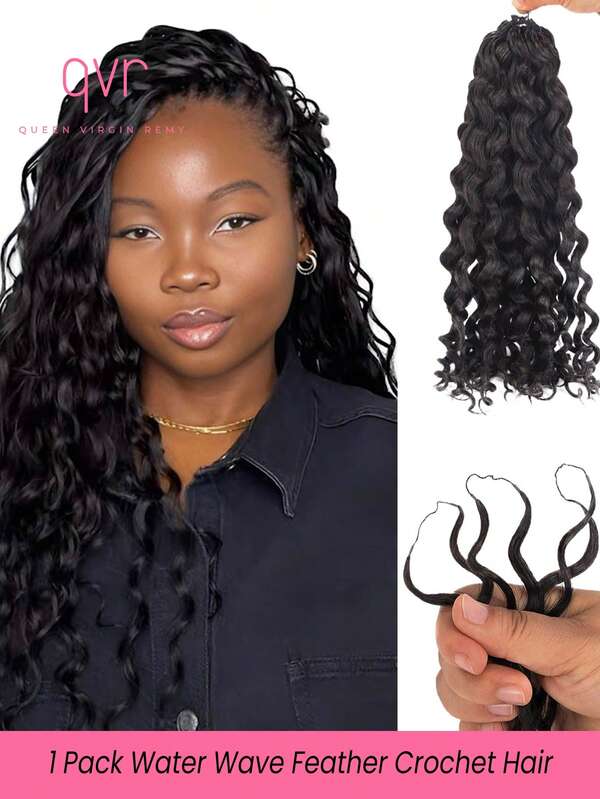QVR QUEEN VIRGIN REMY Extensión de cabello humano con plumas de onda de agua a ganchillo QVR, 1 paquete de plumas de cabello humano pre-separadas para trenzas bohemias sin nudos, color negro natural
