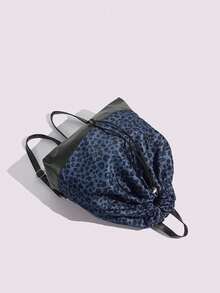 2025 Spring/Summer New Fashionable Leopard Print Casual Versatile Large Capacity Drawstring Backpack, Simple And Lightweight For Commuting - Navy Blue - View 6