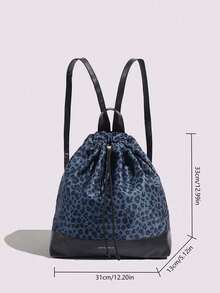 2025 Spring/Summer New Fashionable Leopard Print Casual Versatile Large Capacity Drawstring Backpack, Simple And Lightweight For Commuting - Navy Blue - View 4