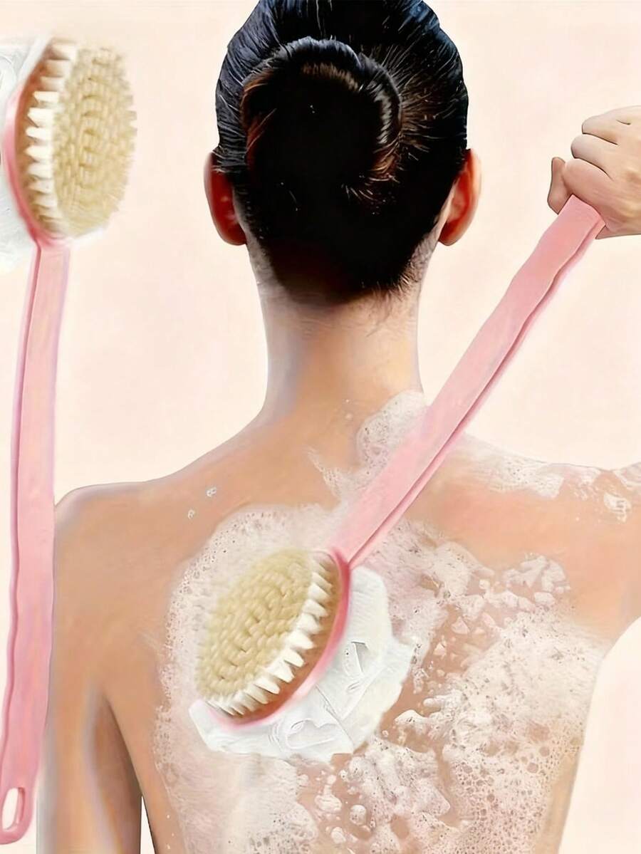 双面沐浴刷，采用柔软黄瓜纤维和刷毛——深层清洁背部和足部磨砂刷，温和去角质身体和面部磨砂刷，粉色，适用于背部和足部护理，符合人体工程学设计，经久耐用，适合家庭SPA，小巧便携 - 彩色 - 查看 1