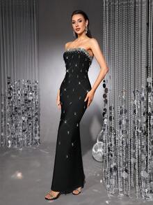 女士性感无肩带绷带长裙，饰以手工水钻，优雅露背开衩设计，适合圣诞节、红毯、鸡尾酒会、晚宴等场合。 - 黑色 - 查看 1