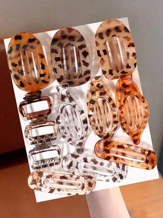 12pcs Leopard Print Hair Clips Set, Transparent Geometric Shapes, Vintage Elegant Headpieces, Fashionable Hair Accessories, Suitable For Various Hairstyles, Unisex Adult, Claw Clips