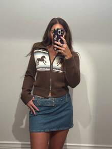 2025 New Fashion - Casual Style - Minimalist Animal Horse Jacquard Print Stand Collar Half Stand Collar Zip-Up Knit Cardigan - Coffee Brown - View 3