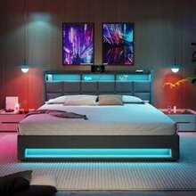 Double Bed With USB 140x200cm, LED Double Bed With Metal Frame, Bed Frame Made Of Linen Material, Teen Bed (Mattresses Not Included) - 灰色 - 查看 4