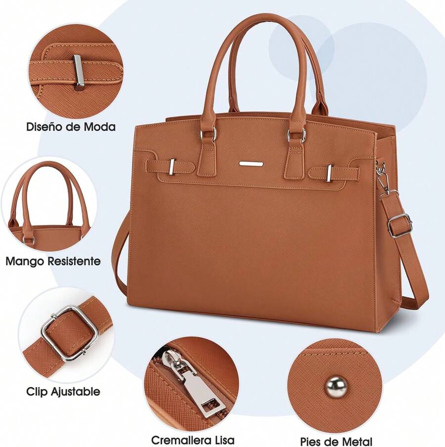 Bolsas de Mujer 15.6 Pulgadas PU Bolsa para Laptop Mujer Impermeable Tote Bag con Bandolera Ajustableíbleúltiples Bolsillos - Marrón - Ver 1