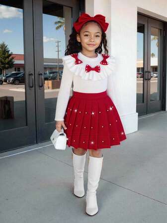 女童荷叶边领长袖上衣配精致珍珠蝴蝶结+珍珠百褶裙两件套，春秋季休闲校园风