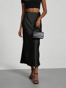 Women's Black High-Waisted Satin Maxi Skirt, Casual Elegant Daily Commute Date Versatile Flowy Silky A-Line Dress - Black - View 7