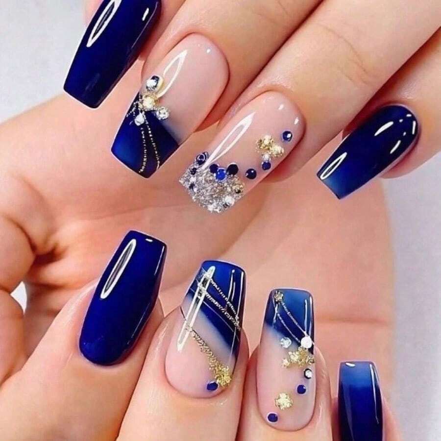 24PCS Press-On Gradient Diamond-Studded Ballet Nails Extension - Chic European-Style Full Cover Reusable Nail Tips, Long False Nails With Sparkle-Enhancing Shiny Rhinestones, Beginner-Friendly Fashion Nail Art For Girls' Night, Casual Trips & Everyday Wear, Easy Application Glitter Decor Manicure Accessories For Women - Xanh đậm - Xem 1
