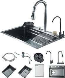 Selense Fregadero de cocina rectangular inteligente de color gris  plomizo de 60 * 46 cm, fregadero de cocina portátil empotrado de acero inoxidable de un solo seno con caño en cascada, superficie de trabajo en encimera, con juego de accesorios completo (estante para tazas, cesta escurridora, tabla de cortar), Adecuado para comedores, cocinas, autocaravanas y bares,Decoración de cocina moderna. - Gris gunmetal - Ver 1