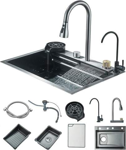 Selense Fregadero de cocina rectangular inteligente de color gris  plomizo de 60 * 46 cm, fregadero de cocina portátil empotrado de acero inoxidable de un solo seno con caño en cascada, superficie de trabajo en encimera, con juego de accesorios completo (estante para tazas, cesta escurridora, tabla de cortar), Adecuado para comedores, cocinas, autocaravanas y bares,Decoración de cocina moderna.