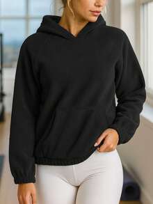 Women's Oversized Hooded Fleece Sweatshirt, Fashionable Pullover Sweater For Autumn & Winter - Black - View 5