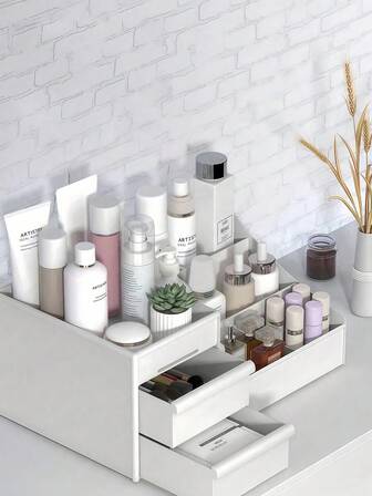 Organizador de maquillaje ligero de gran capacidad con cajones, soporte de almacenamiento de plástico para el escritorio, organizador de cosméticos duradero y multifuncional, exhibidor de maquillaje para encimera para mujeres y señoras, para escritorio, baño, lápiz labial, cuidado de la piel, joyería, organizador de tocador, decoración y accesorios de baño, decoración de habitación, multicolor