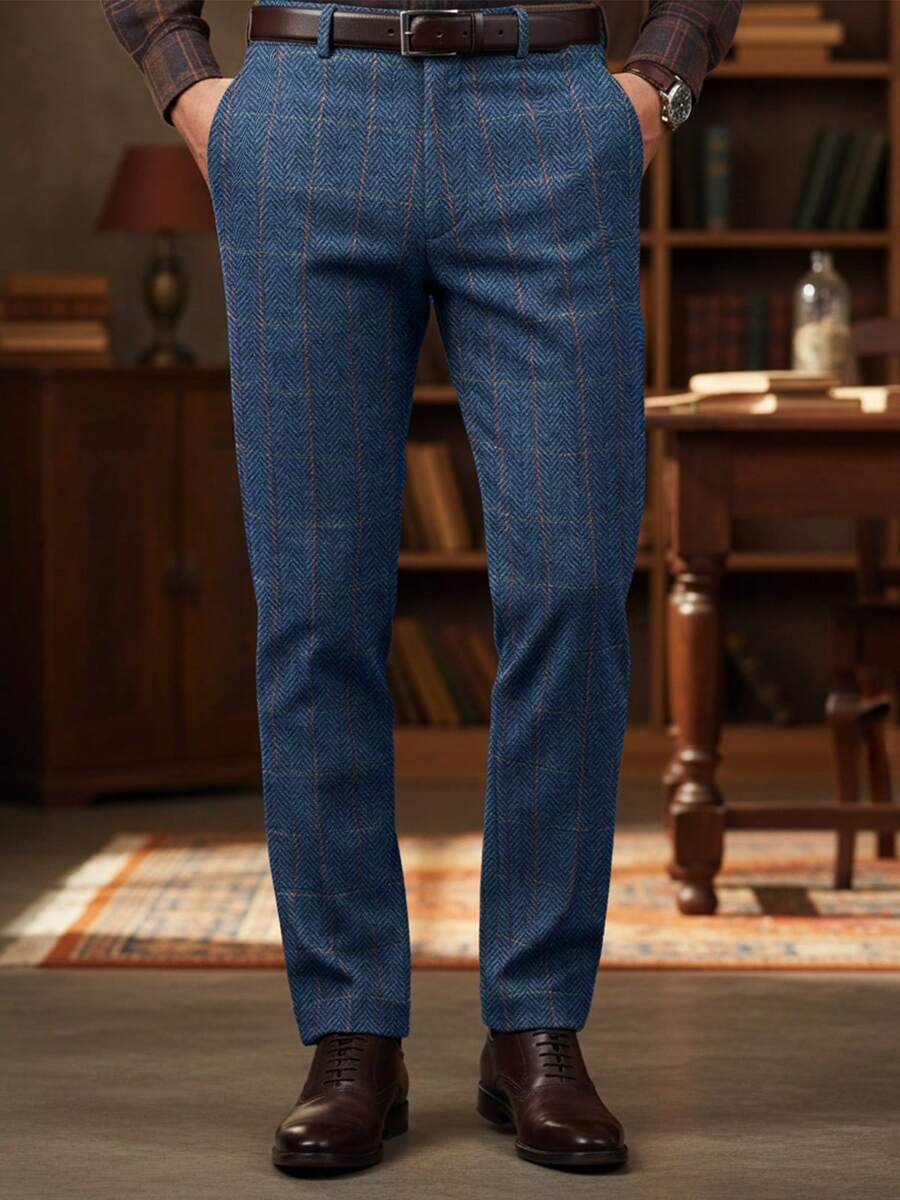 Men's Dress Pants Herringbone Vintage Plaid Classic Fit Siut Separates Slim Stylish Wool Casual Business Suit Pants - 藍色 - 查看 1