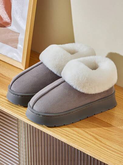 Grey Plush Color Block Slippers, Warm & Comfortable, Non-Slip & Durable, Soft Couple Shoes, Closed-Toe Bedroom Slippers