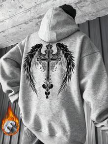 男士休闲街头风深色图案翅膀十字架印花保暖连帽卫衣，秋冬款 - 灰色 - 查看 3