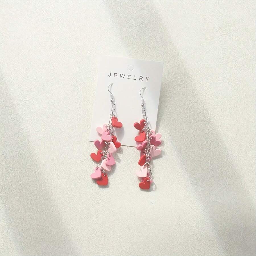1 Pair Of Fashionable And Cute Valentine's Day Elements With Multiple Pink And Red Small Love Hearts Acrylic Long Pendant Earrings For Women's Vacation, Wedding And Party Gifts - 3892 - 查看 1