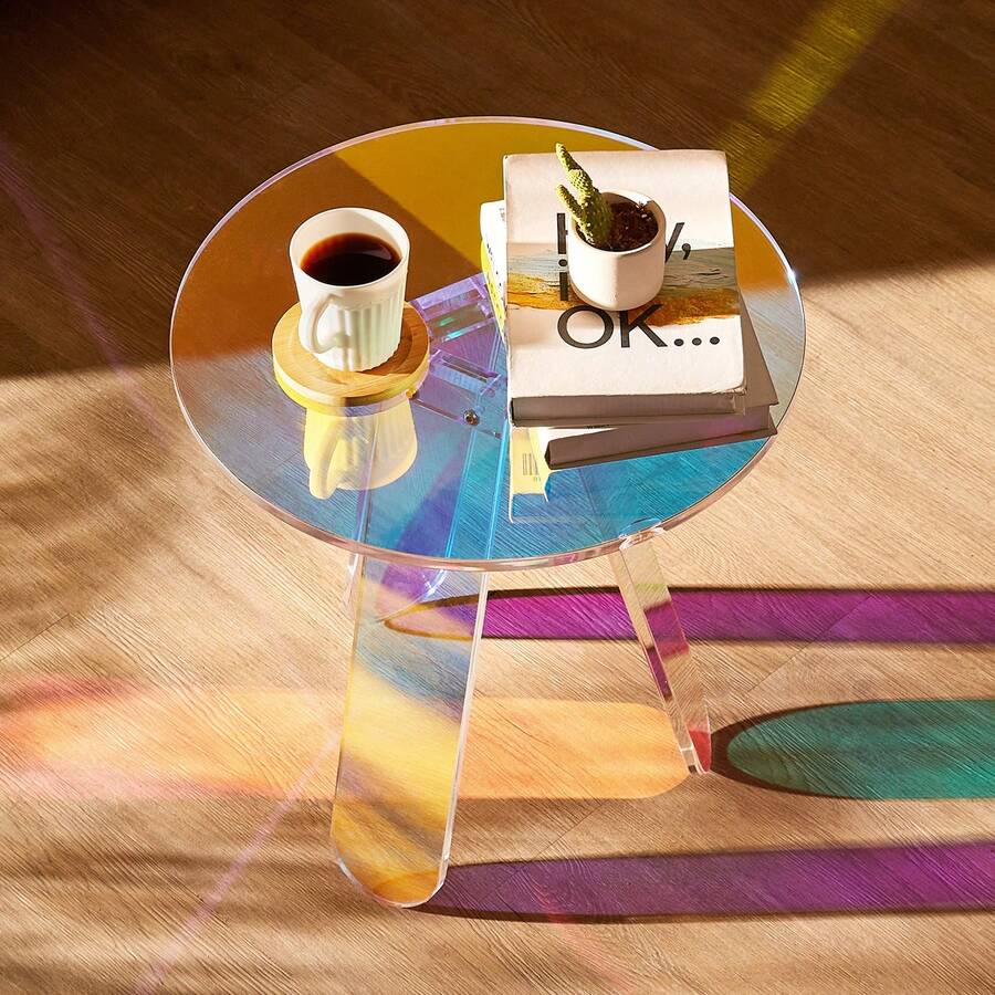 Round Iridescent Side Table, Acrylic End Table, Clear Rainbow Acrylic Coffee Table For Drink, Food, Snack Used In Living Room, Bedroom, And Study - Màu sắc óng ánh tròn - Xem 1