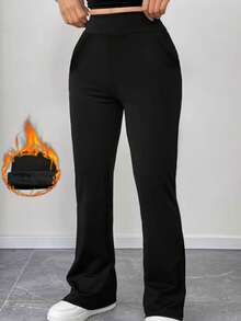 加大码保暖加厚喇叭针织长裤，带口袋，中等弹力 - 黑色 - 查看 4