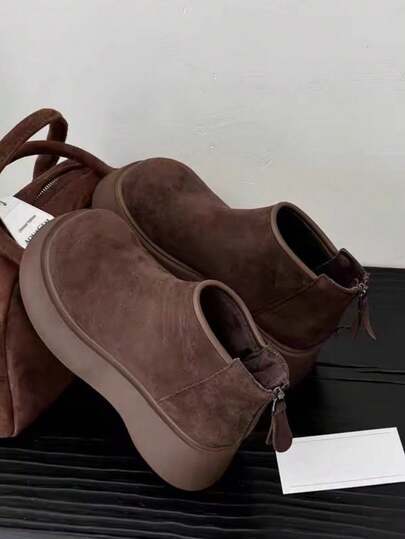 Women's Round Toe Thick Sole Anti-Slip Patent Leather Boots, Minimalist Fashion Gothic Style Front Zipper Ankle Boots, Suitable For Campus, Commute, Work Outfit In Autumn/Winter
