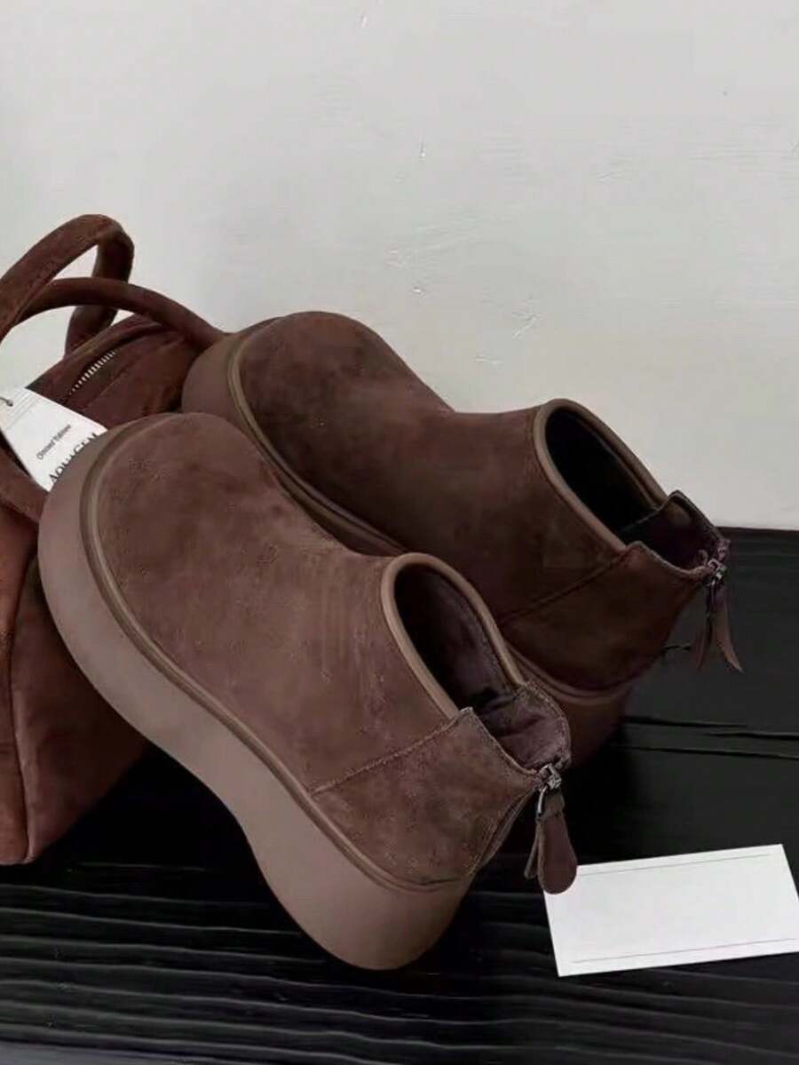 Women's Round Toe Thick Sole Anti-Slip Patent Leather Boots, Minimalist Fashion Gothic Style Front Zipper Ankle Boots, Suitable For Campus, Commute, Work Outfit In Autumn/Winter - Coffee Brown Plus Velvet - View 1