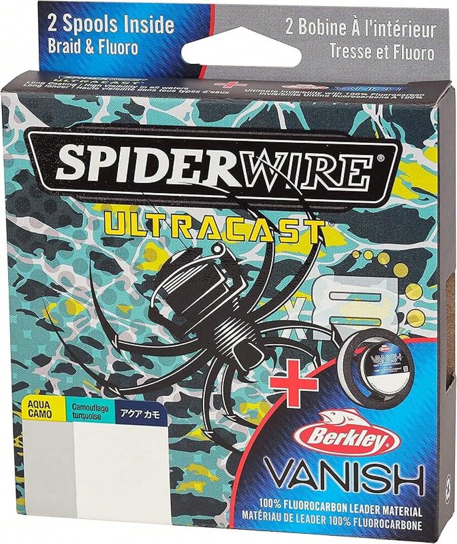 Spiderwire UltraCast - Línea de Pesca Trenzada con Bobina de Pesca Doble Berkley Vanish - Camuflaje Aqua/Transparente - Ver 1