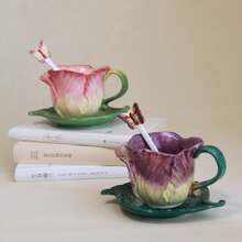 1 Set Handpainted Floral Ceramic Tea Cup & Saucer, 3D Sculpted Rose, Tulip, Daisy Flower Coffee Mug, 1pc 150ml(5oz) Cup With Handle, 1pc Leaf Plate, 1pc Butterfly Spoon, Unique Home Decor, Valentines, Mother's Day, Christmas Gift