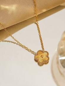 1pc Stainless Steel Four-Leaf Clover Pendant Necklace, Minimalist Everyday Wear Lucky Flower Charm Necklace For Women - Golden Five-leaf Clover Necklace - View 3