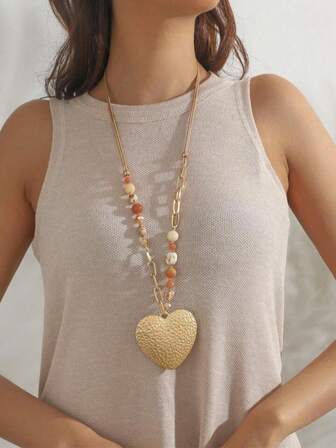 1 pieza Collar con colgante de piedra colorida con forma de corazón grande, adecuado para que las mujeres lo usen con suéteres, para fiestas, uso diario y vacaciones