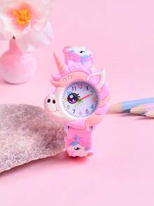 Jam Tangan Anak Perempuan 3D dengan Tali Silikon Lembut Motif Kartun Kupu-kupu dan Unicorn, Jam Tangan Quartz dengan Pola Kupu-kupu Unik - Berwarna merah muda - View 6