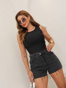 Women's Simple Denim Shorts 3071 - Black - View 3