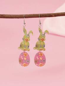 1 Pair Cute Flower Printed Acrylic Celebration Easter Egg Rabbit Hare Drop Earrings For Women Girl For Easter Day Festival Gift Smooth Surface Accessories Jewelry