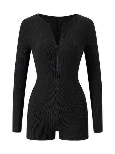 AiTyi 女士连体裤，修身休闲时尚性感圆领拉链舒适百搭，适合户外街头通勤、Y2K 返校季、毕业季、圣诞节、新年、感恩节等场合，针织弹力罗纹长袖连体裤