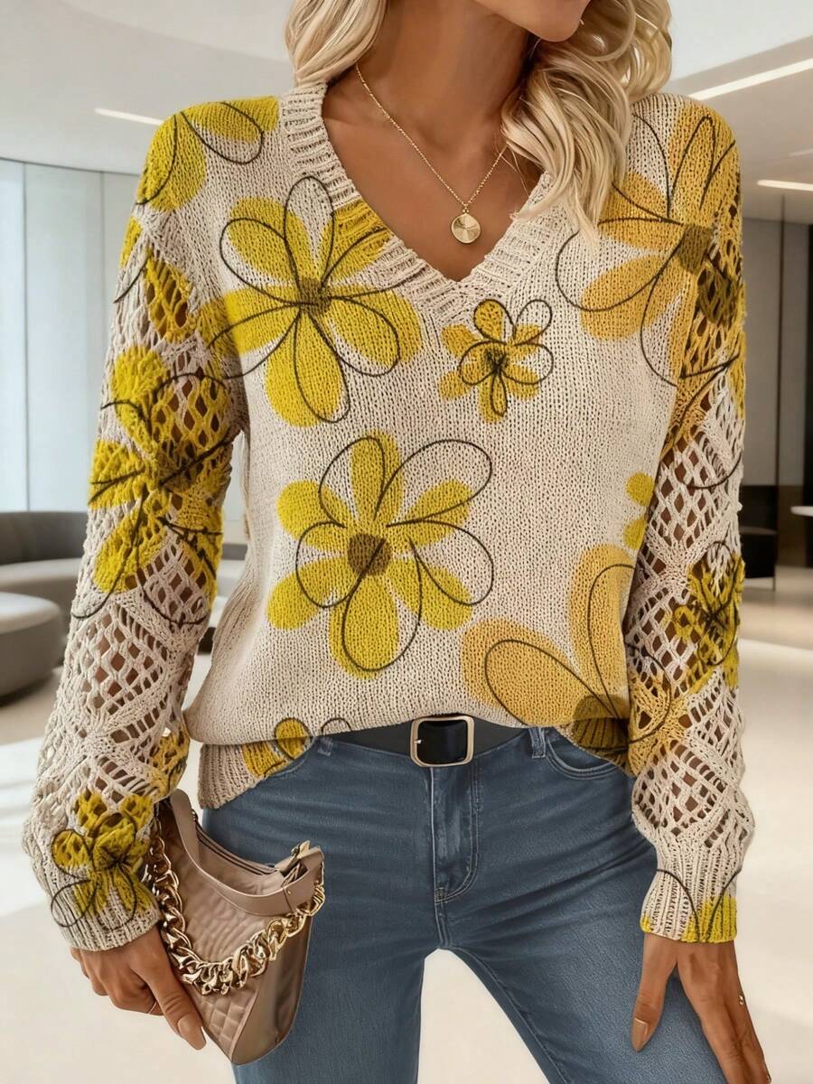 Women'S Bohemian V-Neck Long Sleeve Tunic Top - All-Over Floral Print In Burgundy/Pink/Golden/Brown Tones, Soft -Like Texture, Elegant Pullover For Fall/Winter Casual & Semi-Formal Wear, Layering Essential For Streetwear & Boho Style - 黃色 - 查看 1