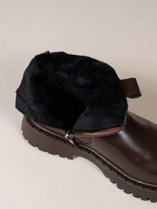 女童保暖内衬踝靴，休闲仿毛皮短靴，学院风拉链平底皮靴，简约儿童踝靴，适合秋冬季穿着 - 棕色 - 查看 3