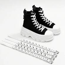 SLnU3 3pcs Men's Fashionable Thick Sole Elevated Motorcycle Boots, Punk Street Preppy Casual Style, Personalized Accessories Decoration, Interchangeable, Metal Eyelets Lace-Up Side Zipper, Simple Design Suitable For Outdoor All Seasons Versatile - Black and White - View 9